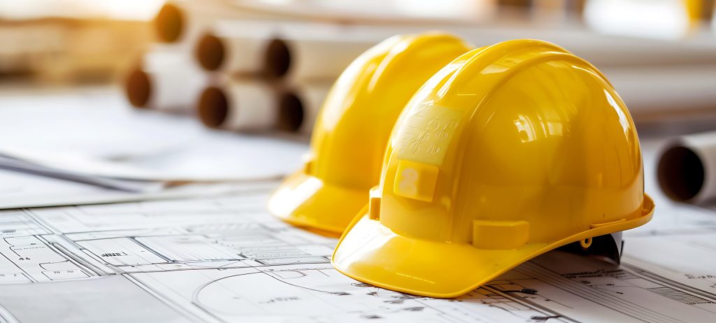 Two yellow hard hats resting on a set of construction blueprints