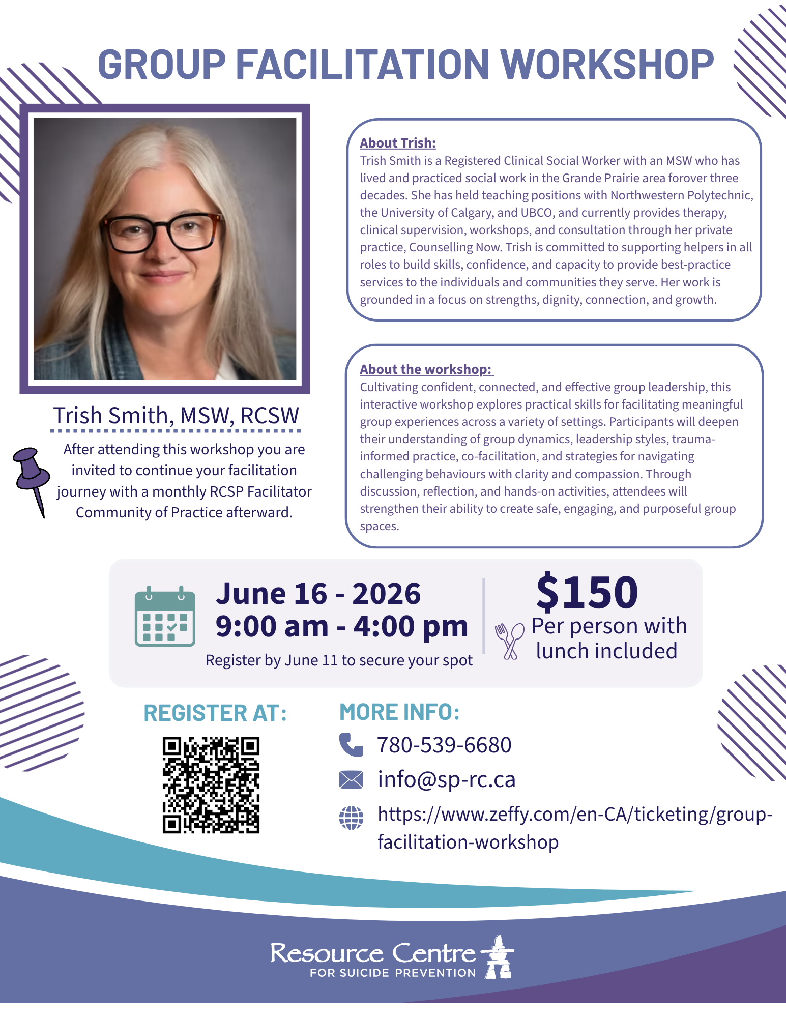 A poster showing the date, time, cost and description of the Group Facilitation Workshop being held June 16, 2026 from 9am to 4pm. $150/ person including lunch.