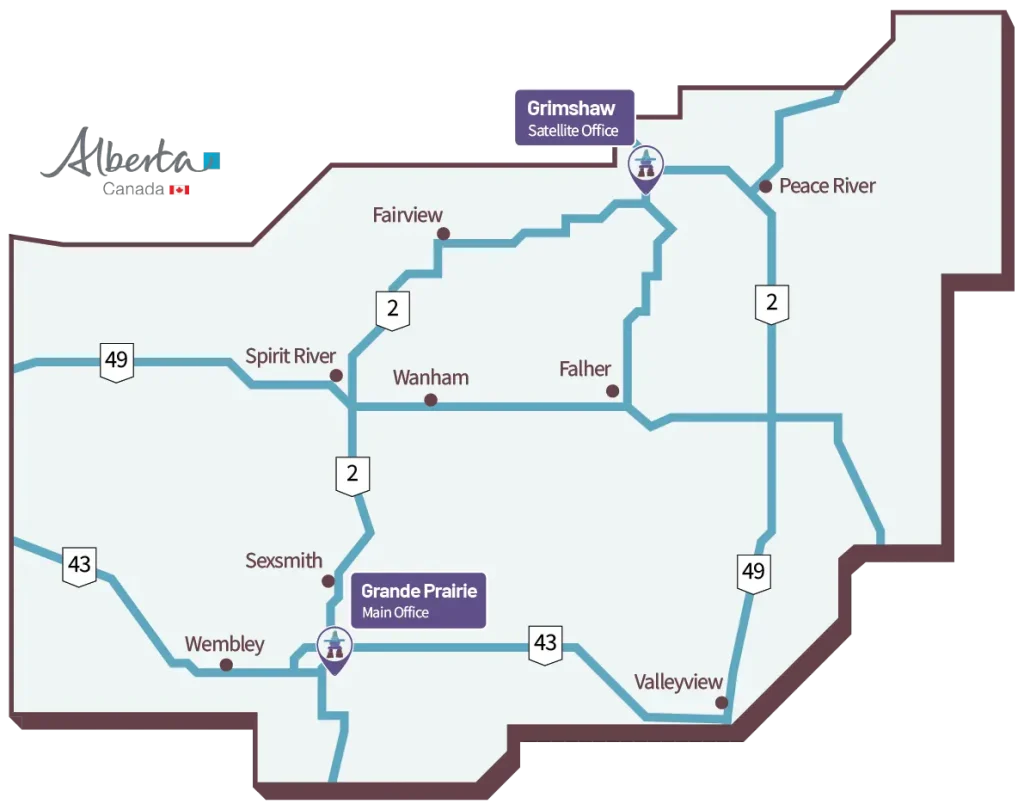 Map of the Resource Centre for Suicide Prevention service area in northwest Alberta, showing the Grande Prairie main office and the Grimshaw satellite office, with Fairview, Peace River, Spirit River, Sexsmith, Wembley, Valleyview, Falher and Wanham