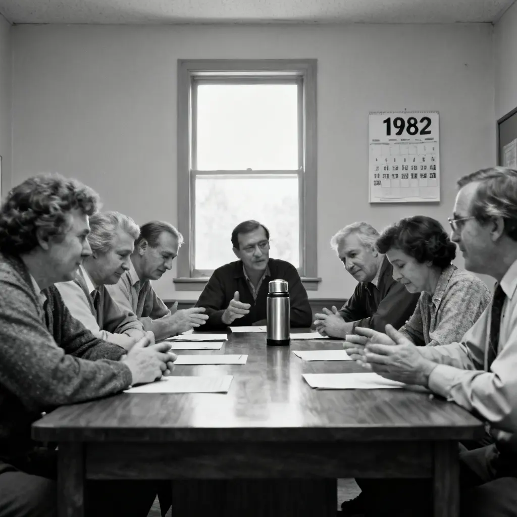 Black and white photo of a 1982 board meeting, eight people seated around a table beneath a wall calendar reading 1982