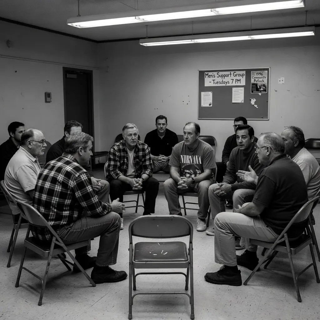 Black and white photo of a men's support group in a circle of folding chairs, beside a noticeboard reading Men's Support Group, Tuesdays 7 PM