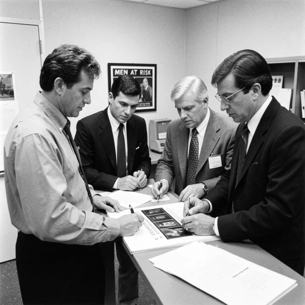 Black and white photo of four men in business dress reviewing documents beside a Men At Risk poster