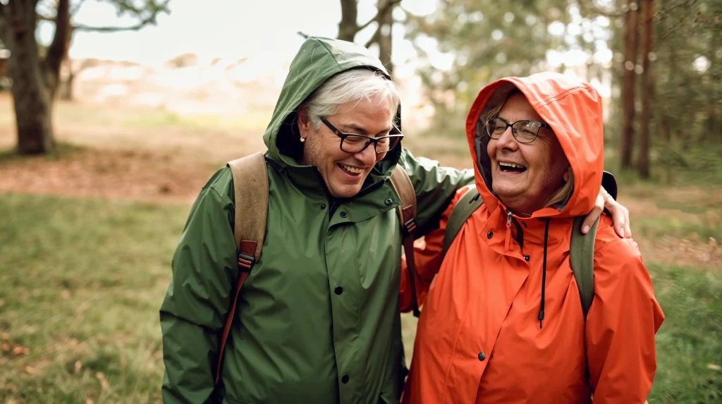 Two women in rain jackets laughing together while walking outdoors
