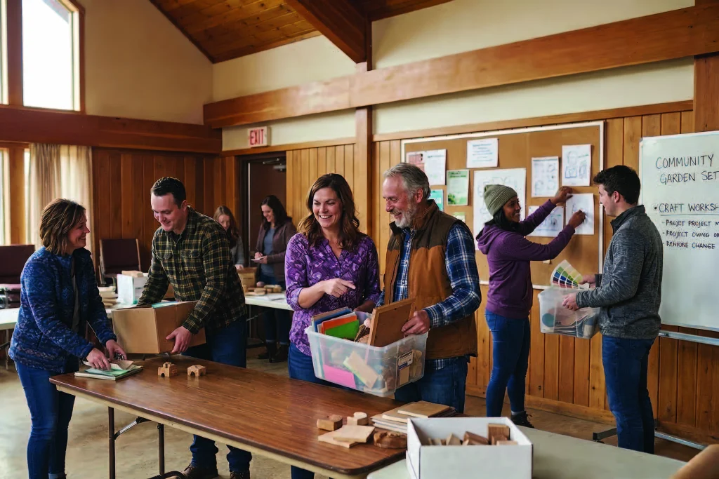 Volunteers sorting craft and community garden supplies into boxes at folding tables in a community hall
