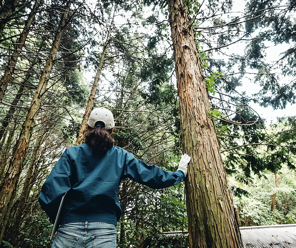 A person in a blue jacket and helmet resting a hand against a tall tree in a forest