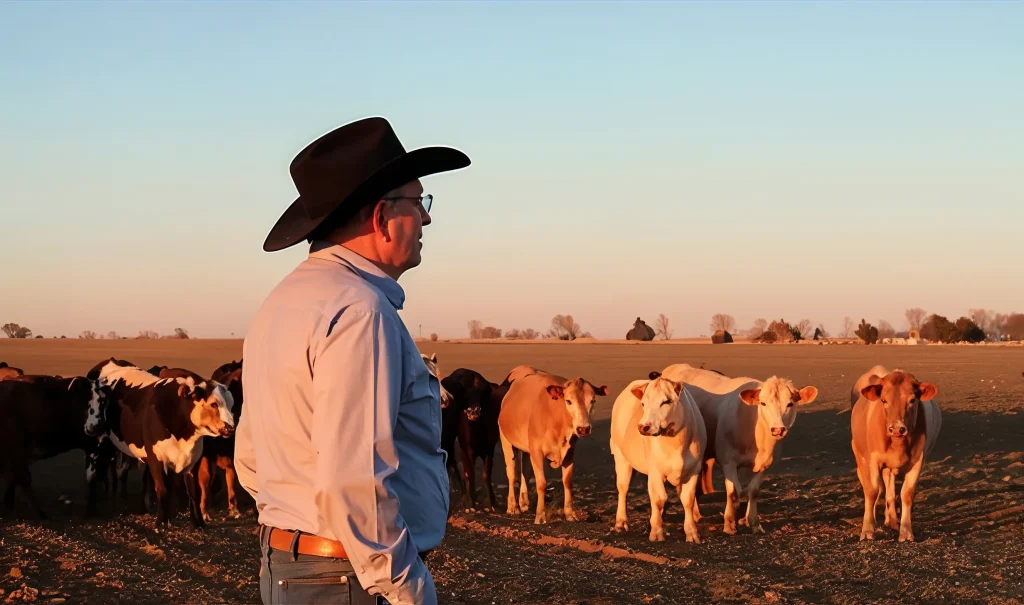 A rancher in a cowboy hat standing in a field at sunset, watching cattle