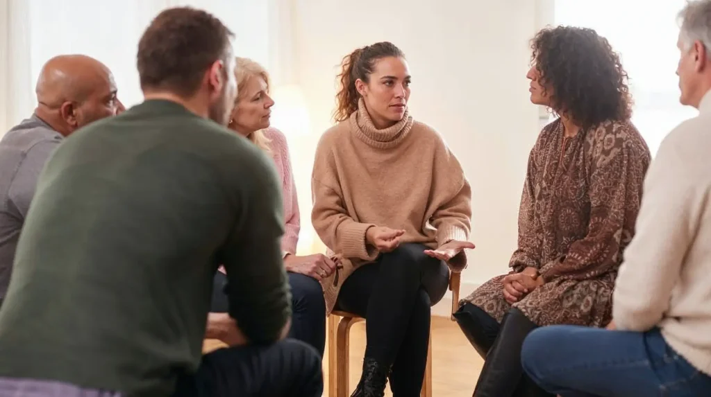 A support group seated in a circle, one person speaking while the others listen