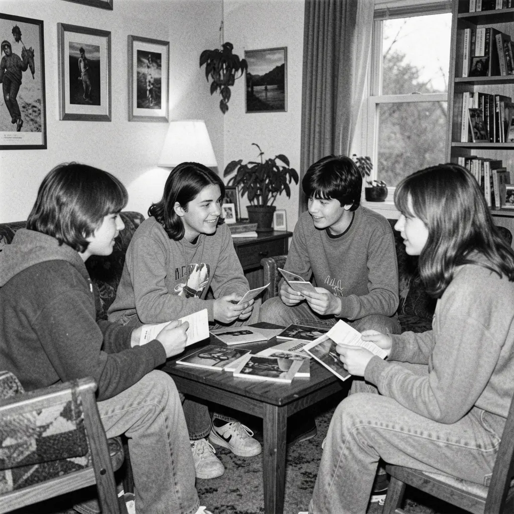 Black and white photo of four teenagers sitting together in a living room looking through photographs